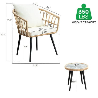 3pc Patio Bistro Set Wicker Rattan Table & Chairs for Balcony Porch Backyard Poolside