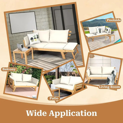 Patio Convertible Couch Soa Bed, Acacia Wood Chaise Lounger with Adjustable Armrest, Cushion & Pillows, Outdoor Daybed Loveseat