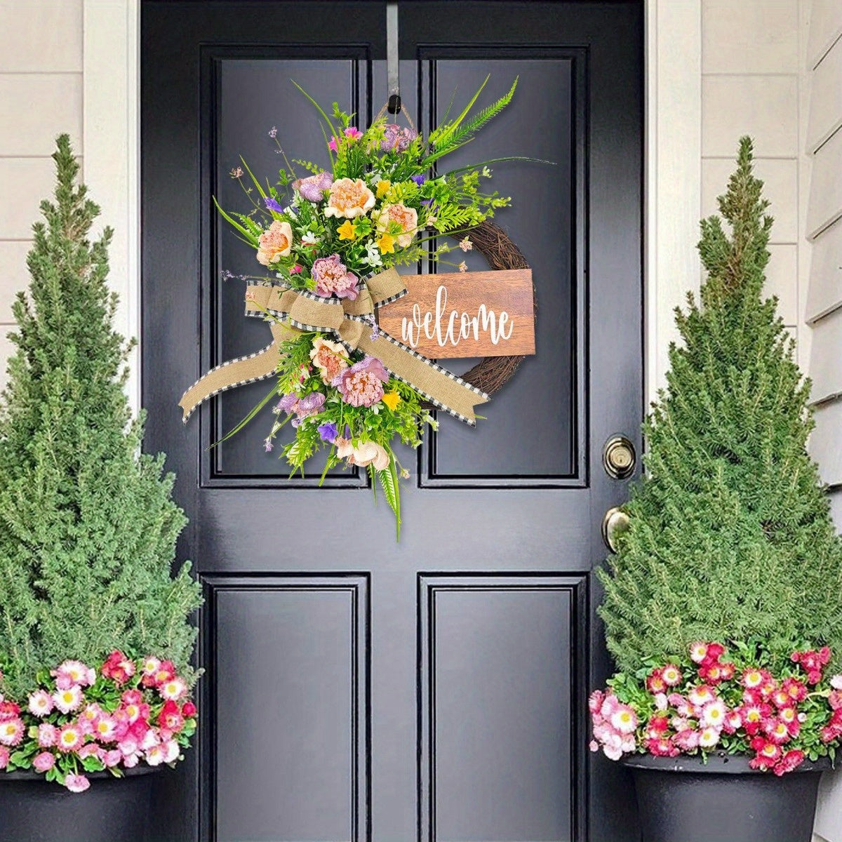 Spring Wreath for Front Door, 16.9 Inch Welcome Sign Front Door Wreath, Indoor Outdoor Green Eucalyptus Daisy Welcome