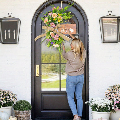 Spring Wreath for Front Door, 16.9 Inch Welcome Sign Front Door Wreath, Indoor Outdoor Green Eucalyptus Daisy Welcome